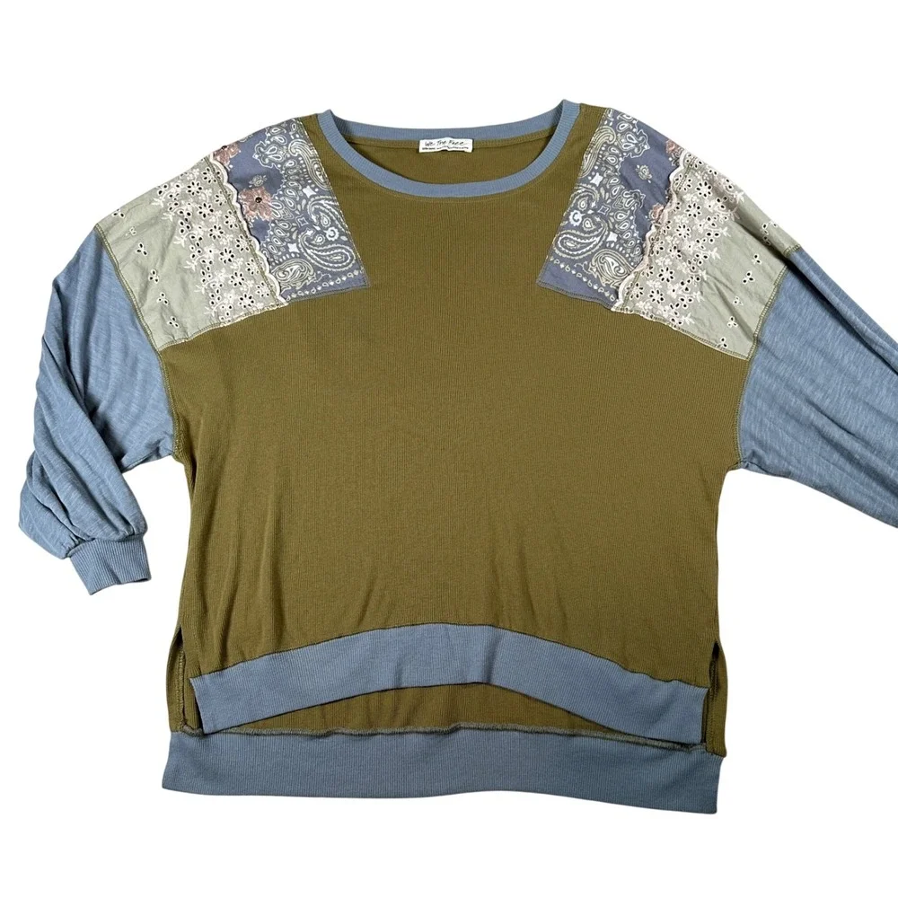 Free People We The Free XS Olive Green Patchwork Eyelet Thermal Top Feelin‎ It